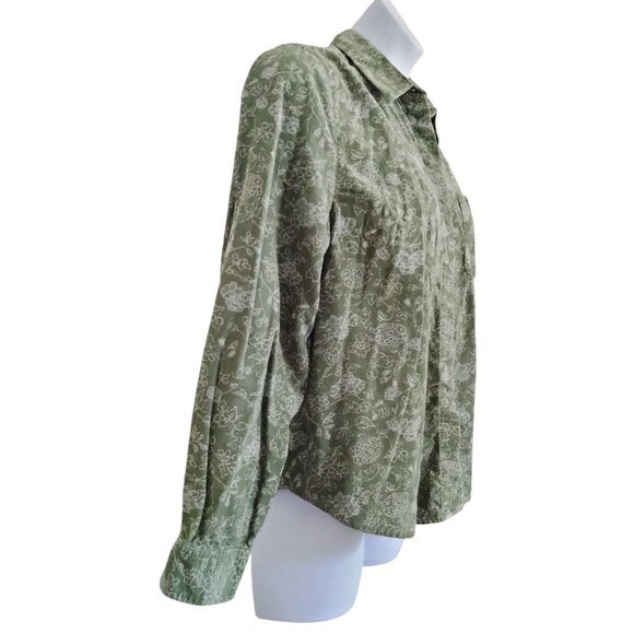 C.J. Banks Plus Size 1X Top Green Floral Corduroy Button-Up Long Sleeve Collared - Picture 4 of 11